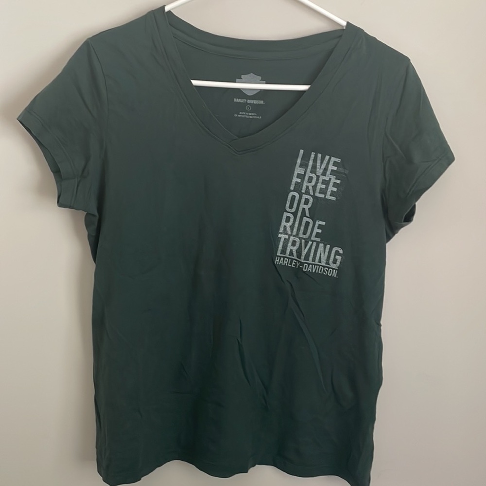 Harley-Davidson Dark Forest Green v-neck Live Free or Ride Trying- Large